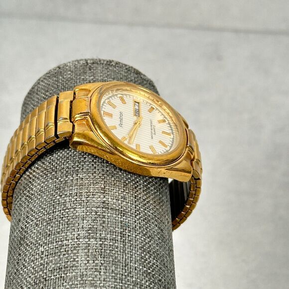 Armiton Watch Mens 35mm Day Date White Dial Gold Tone Expansion New Battery - Picture 3 of 11